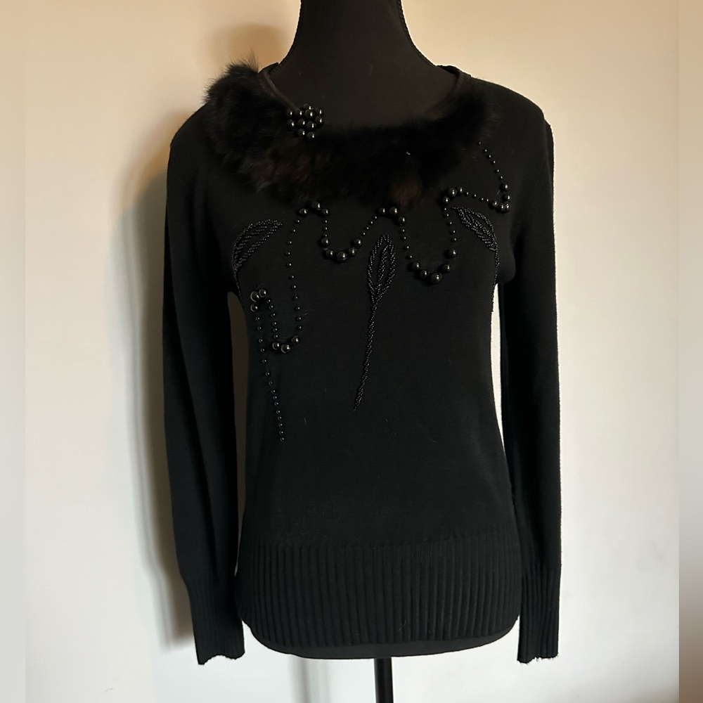 Black Beaded Sweater with Fur Collar
